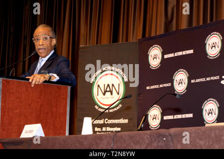 New York, NY, USA. 3ème. Avr, 2019. Le révérend Al Sharpton adresse réseau d'Action National (NAN) 28. convention annuelle, trois (3) jours de la ville de New York le 3 avril, 2019. Dirigé par son fondateur/président Rev. Al Sharpton, la plus grande conférence des droits civils aux Etats-Unis, près d'une douzaine de candidats à la présidentielle américaine de 2020, des membres du clergé, les militants des droits civils, et les intervenants dans le pays afin d'examiner l'état des libertés civiles et de la justice raciale en Amérique.. © 2019 Ronald G. Lopez/DigiPixsAgain.us/Alamy Live News Banque D'Images