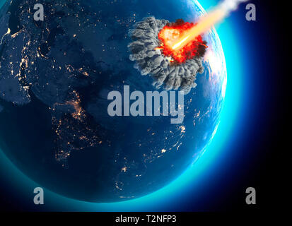 Les météorites qui frappent la terre. Explosion, cataclysme de la fin du monde. L'extinction à l'échelle mondiale. La bombe nucléaire. Le rendu 3D Banque D'Images