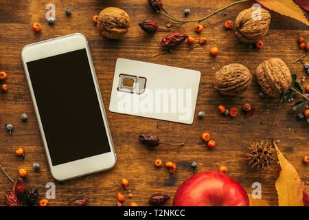 Smartphone moderne avec carte sim, et de décoration d'automne, télévision jeter vue supérieure Banque D'Images