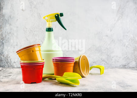 Pots de fleurs de printemps et de jacinthes narcisses avec outils de jardinage sur fond clair Banque D'Images