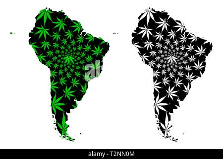 Amérique du sud continent - la carte est conçue de feuilles de cannabis vert et noir, l'Amérique latine carte de marijuana, THC) feuillage, Illustration de Vecteur