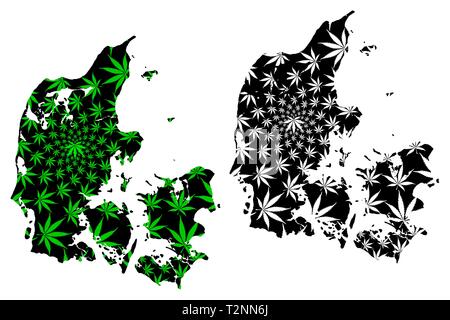 Danemark - carte feuille de cannabis est vert et noir, Royaume de Danemark carte de marijuana, THC) feuillage, Illustration de Vecteur