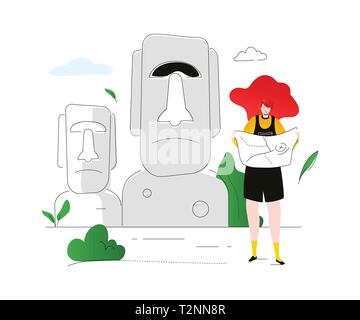 Visitez l'île de Pâques - télévision couleur style design illustration sur fond blanc. Une composition avec une femme, tourisme à la carte, d'un permanent Illustration de Vecteur