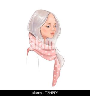 Belle fille de foulard. Illustration numérique, isolated on white Banque D'Images