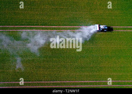 Image aérienne du tracteur la pulvérisation de pesticides sur le terrain d'avoine verte de drone Banque D'Images