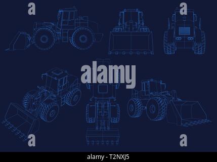 Ensemble de wireframes avec des bulldozers de lignes bleues sur un fond sombre. Les bulldozers de différents angles. 3D. Vector illustration. Illustration de Vecteur