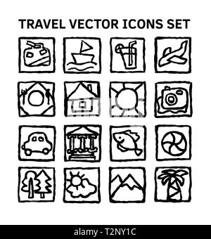 Voyage Voyage voyage voyage tour reste la mer noir et blanc icons set. Vector illustration monochrome8 EPS Illustration de Vecteur