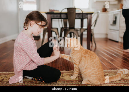 Fille jouant avec chat à la maison Banque D'Images