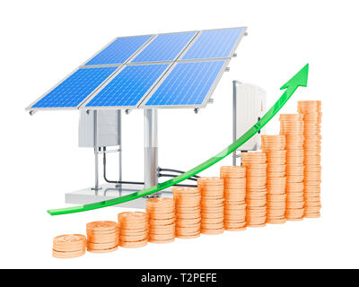 Panneaux solaires avec tableau de plus en plus de pièces d'or. Le rendu 3D isolé sur fond blanc Banque D'Images
