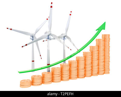 Éoliennes avec tableau de plus en plus de pièces d'or. Le rendu 3D isolé sur fond blanc Banque D'Images