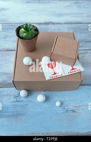 Shot verticale un pot avec plante verte et boules blanches deux cartons et panneaux fragiles sur une surface en bois bleu Selective focus Banque D'Images