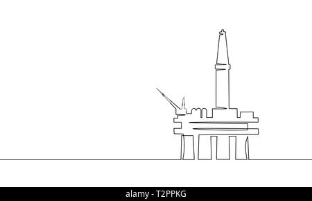 Seule ligne de forage de l'océan de l'art. La production d'essence de l'économie des finances. L'industrie de l'extraction de pétrole offshore derricks un croquis contours d Illustration de Vecteur