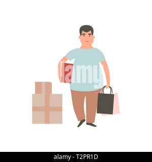 Happy boy avec le shopping. Man holding shopping bags et fort. Shopaholic masculins de l'art conceptuel vecteur Cartoon character design. Télévision illustration Illustration de Vecteur