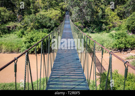Un pederstian pont traversant une rivière sombre dans la Masai Mara National Reserve, Kenya Banque D'Images