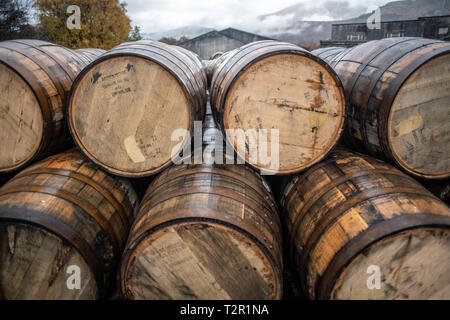 Canons juxtaposés à Ben Nevis Distillery whisky pour processus de vieillissement à Fort William, Écosse Banque D'Images