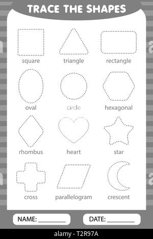 L'apprentissage pour les enfants, les tâches de dessin. trace les formes géométriques autour du contour. Illustration de Vecteur