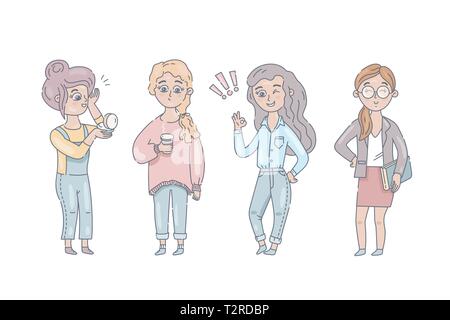 Les filles de parler. Ensemble de quatre personnages de bande dessinée pour se tenir ensemble et parler. Illustration de Vecteur