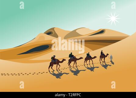 Quatre coureurs sont la randonnée chamelière dans le soleil chaud dans le désert de sable de fond de montagne. Illustration de Vecteur