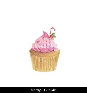 Aquarelle dessiné à la main des cupcakes isolé sur fond blanc, dessert food concept. Banque D'Images