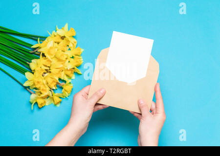 Les mains tenant l'enveloppe craft avec une carte, des jonquilles jaune sur fond bleu. Office 24, concept de printemps. Banque D'Images