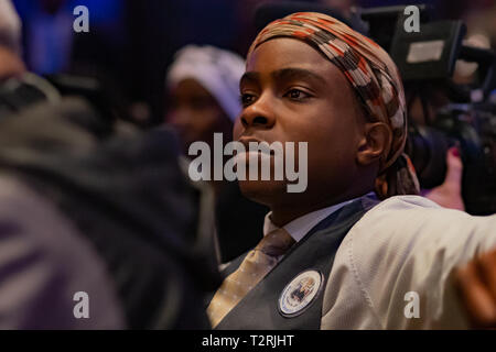 New York City, United States. 06Th avr, 2019. Stevante ?de ?Clark, le frère de 22 ans Stephon Clark, qui a été tué par des agents de police de Sacramento assiste à l'ouverture de la journée du réseau d'Action National 26e congrès national de la ville de New York. La convention les discours et débats autour de questions telles que les droits de vote, la réforme de la justice pénale, de l'immigration, la santé, l'éducation, la responsabilité des entreprises, et de l'équité économique. Crédit : Michael Nigro/ Pacific Press/Alamy Live News Banque D'Images
