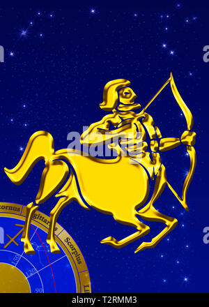 Signe du Zodiaque avec star image comme secours d'or en face d'un sombre ciel bleu Banque D'Images