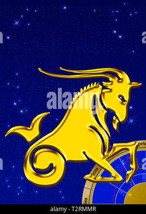 Signe du Zodiaque avec star image comme secours d'or en face d'un sombre ciel bleu Banque D'Images