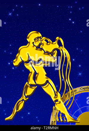 Signe du Zodiaque avec star image comme secours d'or en face d'un sombre ciel bleu Banque D'Images