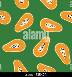 Hand drawn seamless patten avec papayes sur fond vert. Illustration de Vecteur