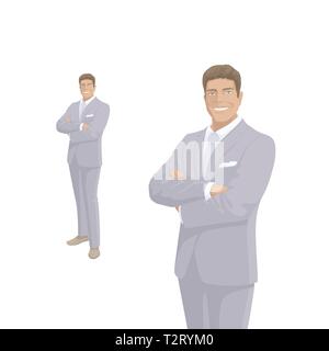 Elegant businessman en costume gris. Patron, homme d'affaires. Sourire. Caractères des gens. Portrait de pleine longueur. Vue avant l'homme. Personne debout. Isolées. Illustration de Vecteur