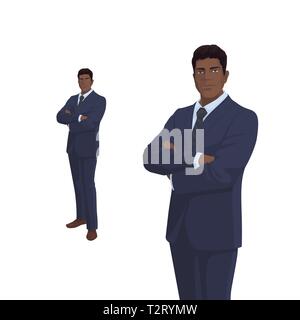 Elegant businessman en costume bleu foncé. Patron, directeur, homme d'affaires. Homme noir. Caractères des gens. Portrait de pleine longueur. Vue avant l'homme. Comité permanent. Illustration de Vecteur