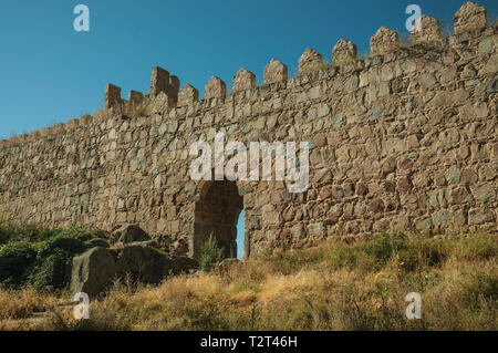 Petite passerelle ouverte sur un mur fait de briques en pierre en face de buissons secs à Avila. Avec un imposant mur autour de la ville gothique en Espagne. Banque D'Images