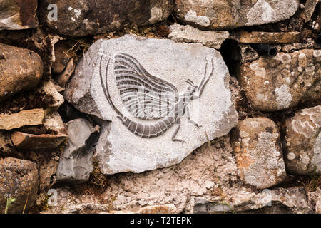 Sculptures éphémères sur panneaux de pierre qui ont été travaillé en murs de pierres sèches le long de la région de Teesdale près de chutes d'eau à faible force Banque D'Images