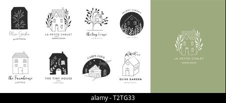 Collection de la maison d'accueil à la main, logos et icônes, jardins et cabines. Illustrations vectorielles Illustration de Vecteur