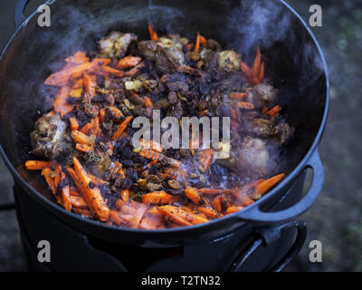 31 mars 2019 - Kiev, Ukraine - Carottes vu ajoutée à l'agneau..Pilaf est fait à partir d'agneau ou de boeuf, le riz, les carottes et les oignons avec les épices, c'est populaire non seulement parmi les peuples turcs. Habituellement, ce plat est préparé dans un pot en fonte spécial appelé chaudron et ils sont de différentes tailles, allant de 8 à 1000 litres. Nous avons utilisé le plus petit chaudron. (Crédit Image : © Igor Goiovniov/SOPA des images à l'aide de Zuma sur le fil) Banque D'Images