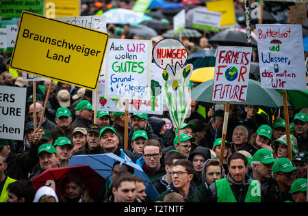 04 avril 2019, en Rhénanie du Nord-Westphalie, Münster : les agriculteurs sont debout avec des signes à la manifestation sur la place de la cathédrale. Des milliers d'agriculteurs manifester contre le durcissement de la loi d'engrais. Les organisateurs (Westfälisch Lippischer Landwirtschaftsverband Landwirtschaftsverband et Rheinischer) s'attendent à ce que 6000 participants, principalement de Rhénanie du Nord-Westphalie, mais aussi de la Basse-Saxe, Bavière, Hesse et de Mecklembourg-Poméranie-Occidentale. Photo : Guido Kirchner/dpa Banque D'Images