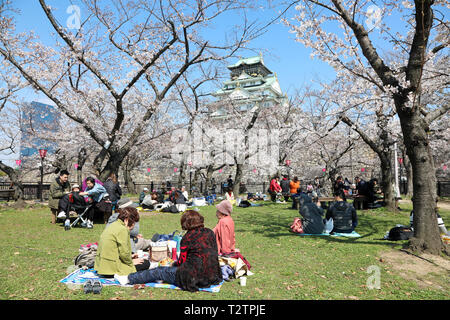 Osaka, Japon. 4ème apr 2019. Profitez des japonais hanami sous les arbres pendant la saison des cerisiers en fleur avec en arrière-plan du Château d'Osaka, Osaka, Japon Crédit : Paul Brown/Alamy Live News Banque D'Images
