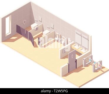 Toilettes des hommes publics isométrique vectoriel avec tourniquet à monnayeur. Bols en logettes, les urinoirs, les lavabos avec miroirs et séchoir à main Illustration de Vecteur