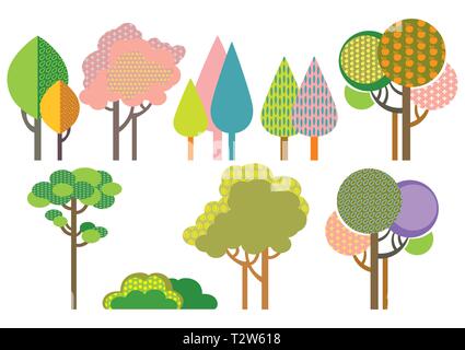 Contour décoratif coloré arbres drôles avec motif sans formes. Cartoon Vector illustration télévision en différentes couleurs isolé sur fond blanc Illustration de Vecteur