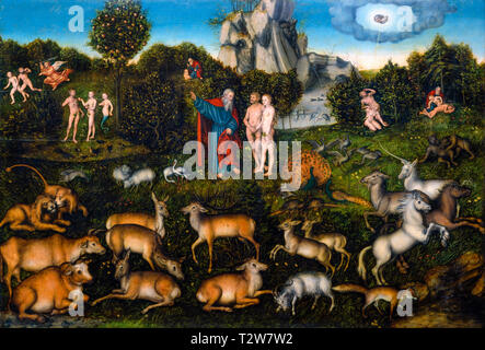 Lucas Cranach l'ancien, le jardin d'Eden, Adam et Eve peinture, 1530 Banque D'Images