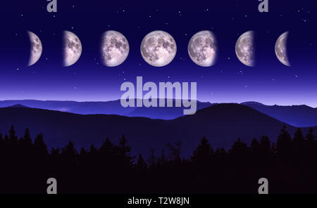 Illustration des phases de lune. Nuit paysage panoramique des différentes phases de la lune sur une chaîne de montagnes et la forêt. Banque D'Images