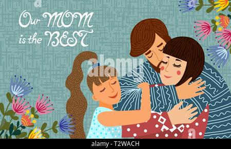 La fête de la famille. Télévision cartoon Cute père, mère et fille avec fleurs et texte. Illustration vecteur horizontal Illustration de Vecteur