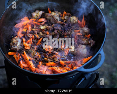 Les carottes vu ajoutée à l'agneau. Pilaf est fait à partir d'agneau ou de boeuf, le riz, les carottes et les oignons avec les épices, c'est populaire non seulement parmi les peuples turcs. Habituellement, ce plat est préparé dans un pot en fonte spécial appelé chaudron et ils sont de différentes tailles, allant de 8 à 1000 litres. Nous avons utilisé le plus petit chaudron. Banque D'Images