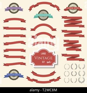 Ruban rouge vintage bannières, étiquettes et couronne de laurier. Pour la conception d'illustration vectorielle Illustration de Vecteur