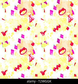 Modèle sans couture festive de taches et de confettis. Résumé motif transparent jaune et orange avec des taches d'aquarelle, rose et violet de formes géométriques Banque D'Images