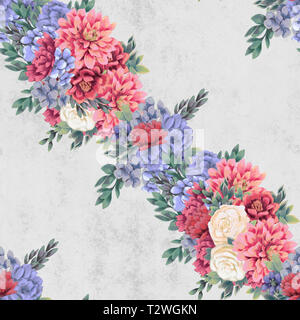 Vintage Floral pattern transparente. Rose, bleu et blanc de fleurs et feuilles pour tissu sur fond bleu Banque D'Images