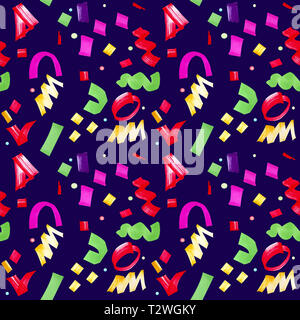 Transparente avec motif de fête confettis multicolores. Ornement abstrait sur un fond bleu foncé avec des formes géométriques multicolores. Ornement élégant fo Banque D'Images