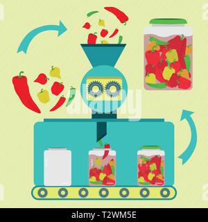 Les cornichons à la production en série. Chili Peppers pickles à la production en série. Piments assortis frais en cours de traitement. Piments marinés en bouteille. Illustration de Vecteur