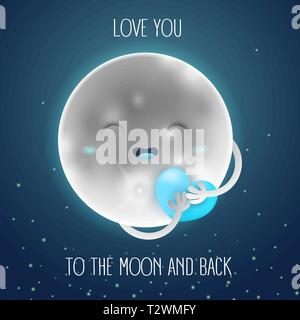 Cute cartoon lune dans le ciel de nuit tenant un cœur bleu. Vous aimez Inscription à la lune et retour. Illustration vecteur lumineux d'accueil approprié pour c Illustration de Vecteur