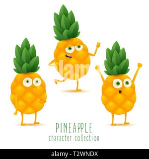 Cute vector set de fruits ananas caractère dans action différente de l'émotion. Collection d'ananas des caractères de différentes expressions et positions. F Illustration de Vecteur